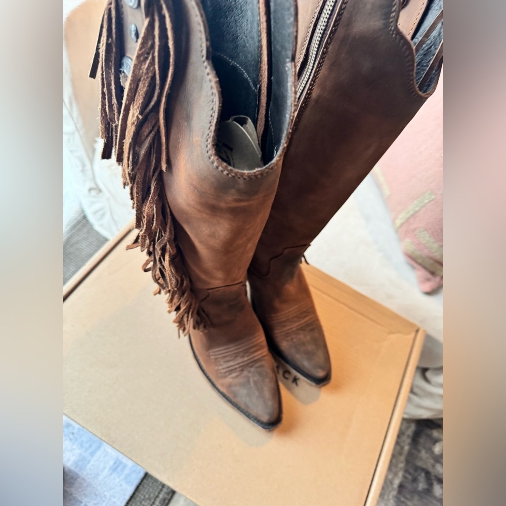 Like New, With Box Liberty Black Brown Fringe Trim Heeled Ophelia Cowboy Boots - Picture 11 of 17